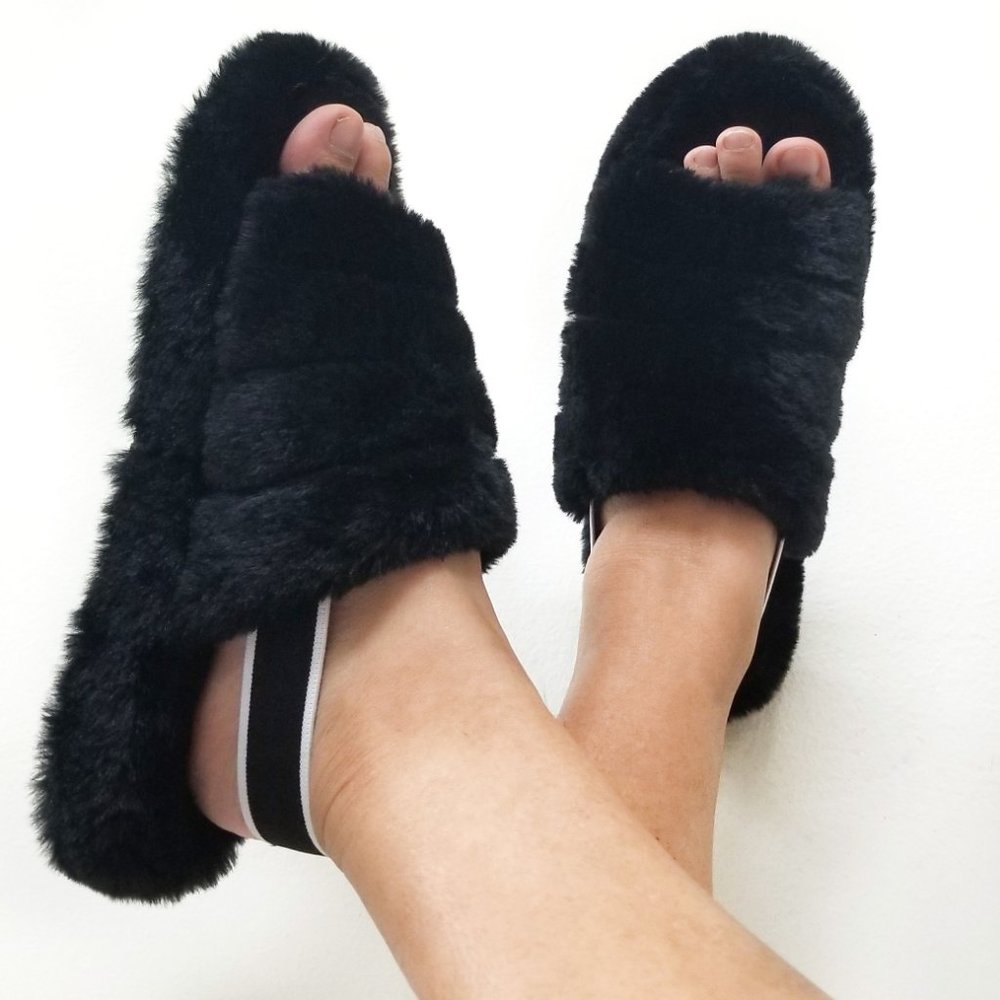 New Black Fuzz Furry Slingback Slipper Sandals - Picture 6 of 6